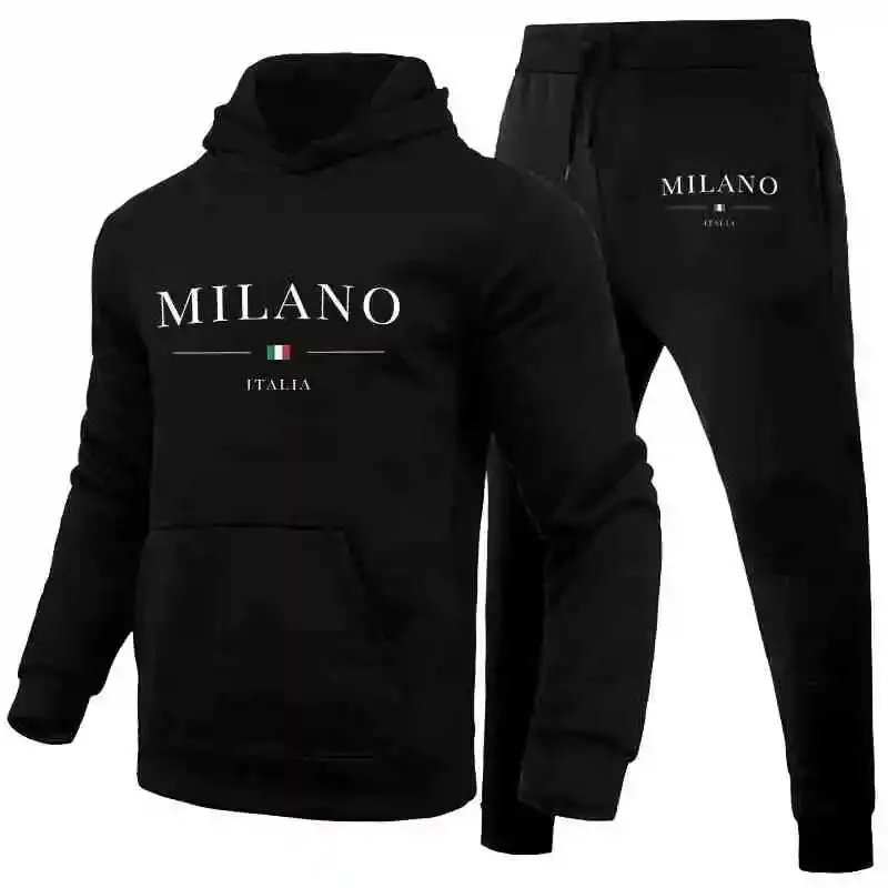 Men's Luxury Milan Print Sports Hoodie Set – Sweatshirt & Jogger Pants, Casual Streetwear Sportswear Outfit