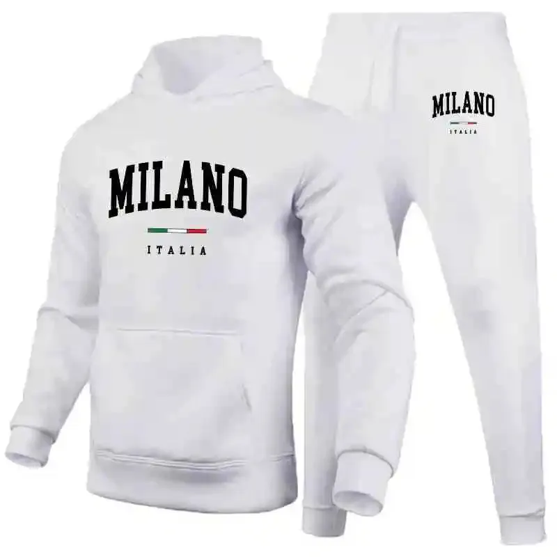 Men's Luxury Milan Print Sports Hoodie Set – Sweatshirt & Jogger Pants, Casual Streetwear Sportswear Outfit