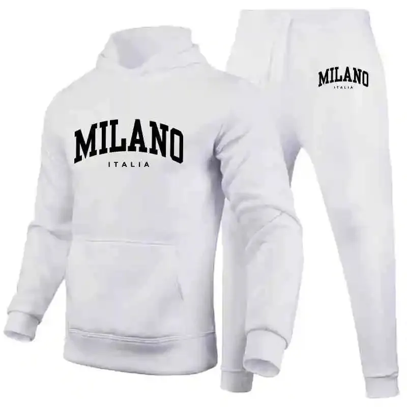 Men's Luxury Milan Print Sports Hoodie Set – Sweatshirt & Jogger Pants, Casual Streetwear Sportswear Outfit