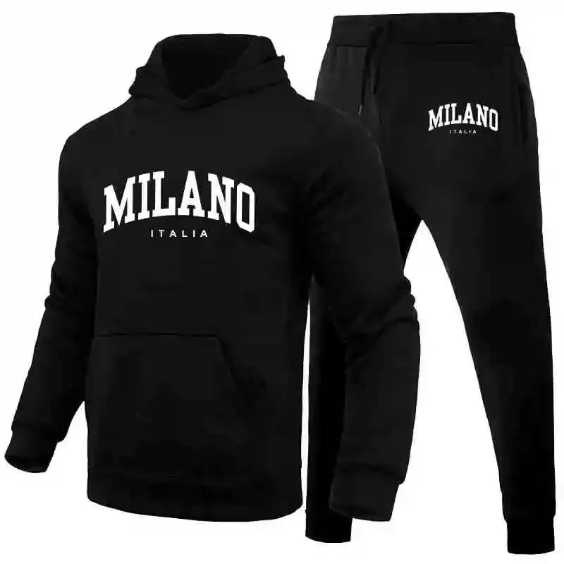 Men's Luxury Milan Print Sports Hoodie Set – Sweatshirt & Jogger Pants, Casual Streetwear Sportswear Outfit