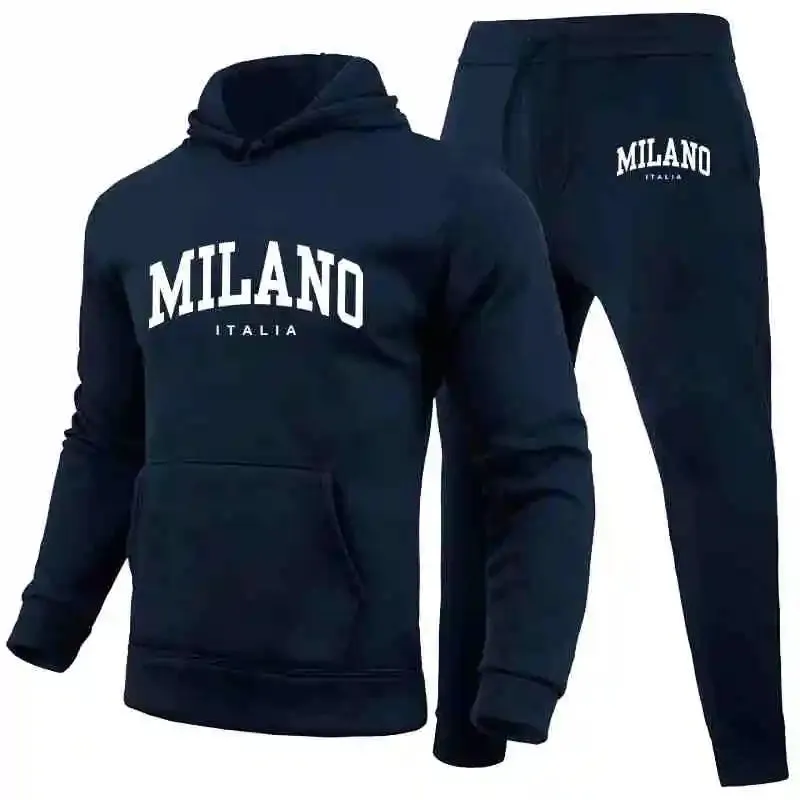Men's Luxury Milan Print Sports Hoodie Set – Sweatshirt & Jogger Pants, Casual Streetwear Sportswear Outfit