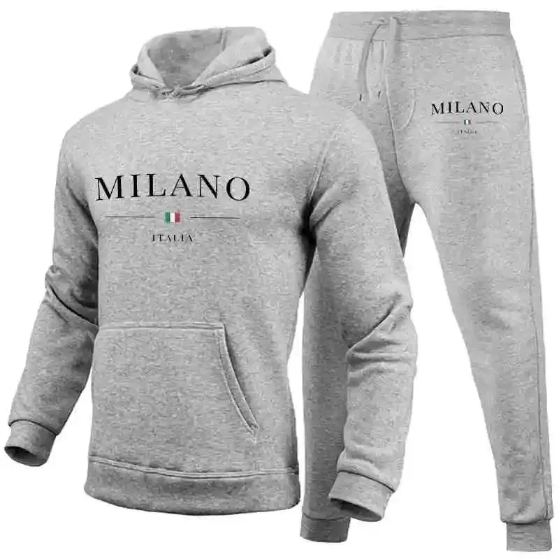 Men's Luxury Milan Print Sports Hoodie Set – Sweatshirt & Jogger Pants, Casual Streetwear Sportswear Outfit