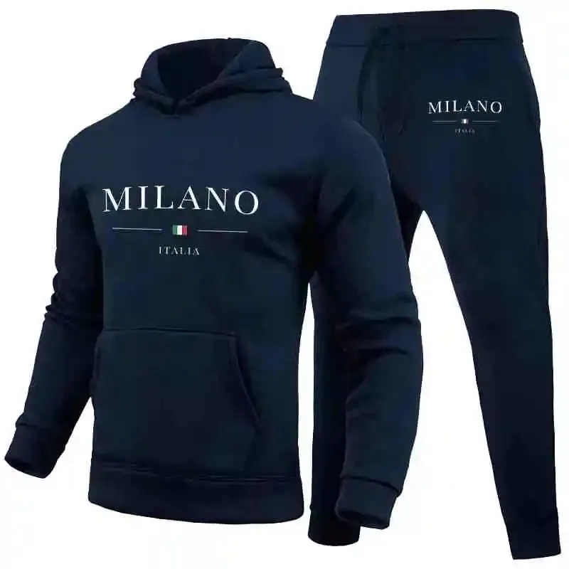 Men's Luxury Milan Print Sports Hoodie Set – Sweatshirt & Jogger Pants, Casual Streetwear Sportswear Outfit
