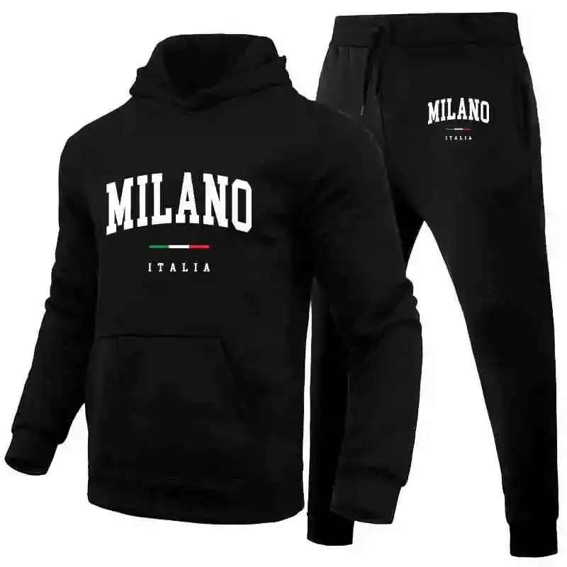 Men's Luxury Milan Print Sports Hoodie Set – Sweatshirt & Jogger Pants, Casual Streetwear Sportswear Outfit