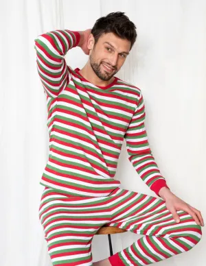 Mens Red White & Green Stripes Two Piece Cotton Pajamas