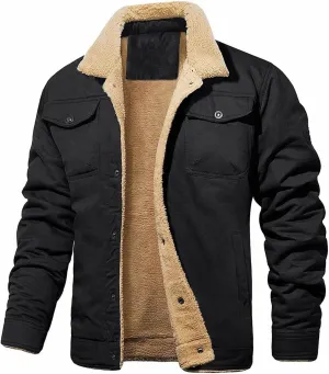 Men's Sherpa Lined Jacket Fleece Cargo Coats Button Down Lapel Coat Vintage Casual Outwears Winter Trendy Overcoats