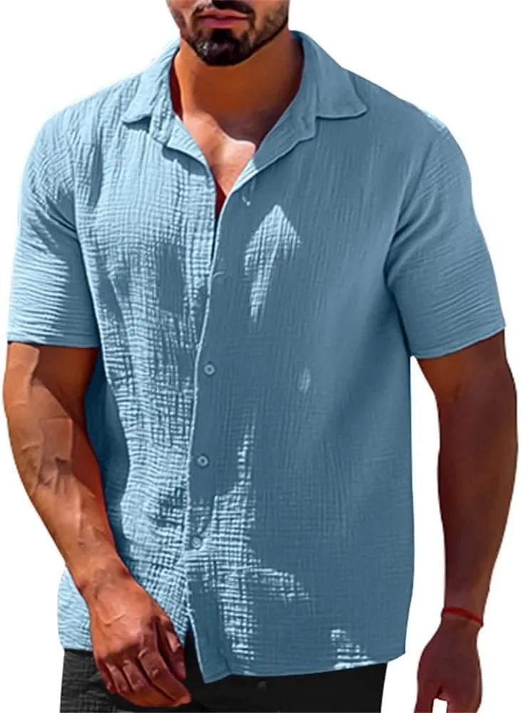 Men's Short-Sleeved Loose Button Down Cardigan T-Shirt Summer Fashion Casual Polo Neck Crop Top