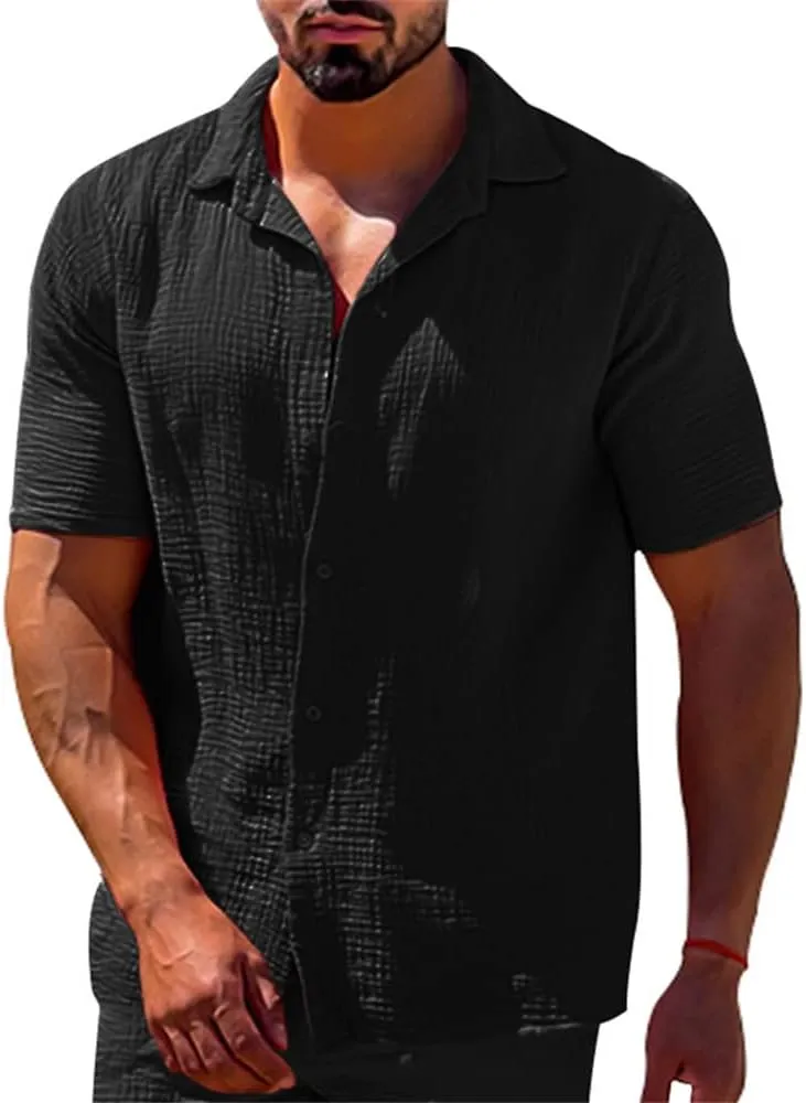 Men's Short-Sleeved Loose Button Down Cardigan T-Shirt Summer Fashion Casual Polo Neck Crop Top