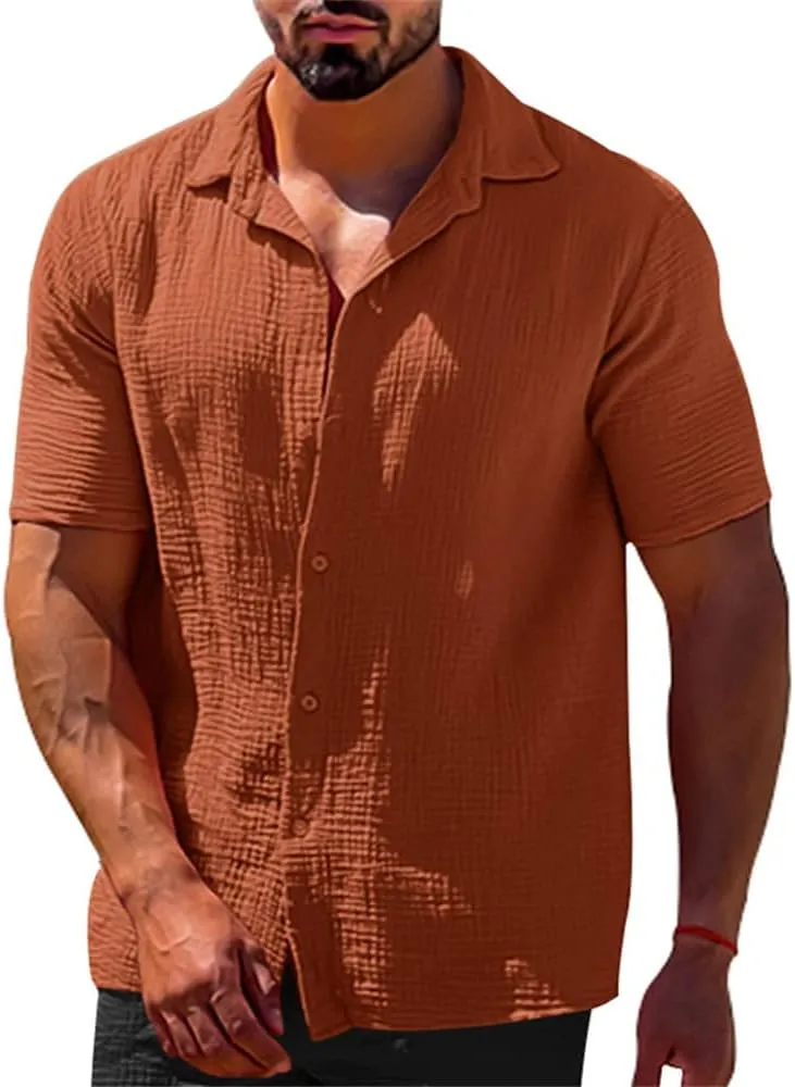 Men's Short-Sleeved Loose Button Down Cardigan T-Shirt Summer Fashion Casual Polo Neck Crop Top