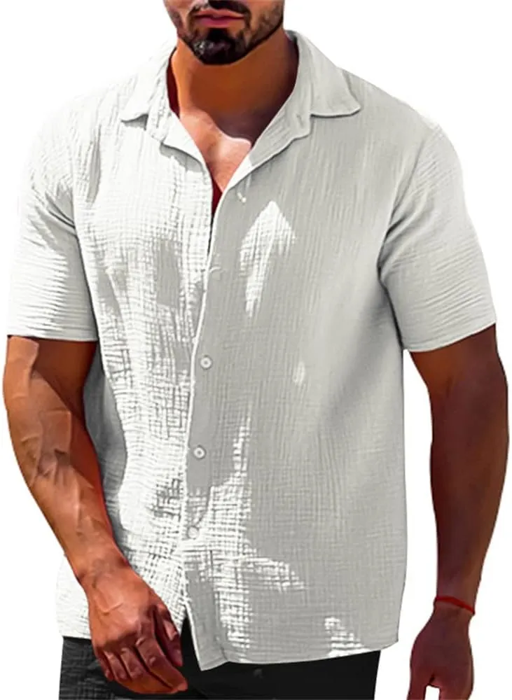Men's Short-Sleeved Loose Button Down Cardigan T-Shirt Summer Fashion Casual Polo Neck Crop Top