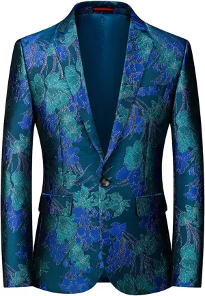 Men's Slim Fit Printed Floral Blazer Suit Casual One-Button Printed Suit Rose Embroidered Suit Jacket Prom Dinner