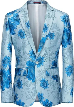 Men's Slim Fit Printed Floral Blazer Suit Casual One-Button Printed Suit Rose Embroidered Suit Jacket Prom Dinner