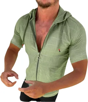 Men's Slim Fit Short Sleeve Hoodies Summer Full Zip Swiss Dot Drawstring Hooded Cardigan Tops Casual Beach T Shirts