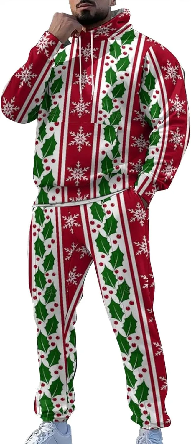Men's Track Suits 2 Piece Set Active Christmas Drawstring Hooded Long Sleeved Athletic Running 2 Piece Sweatsuits