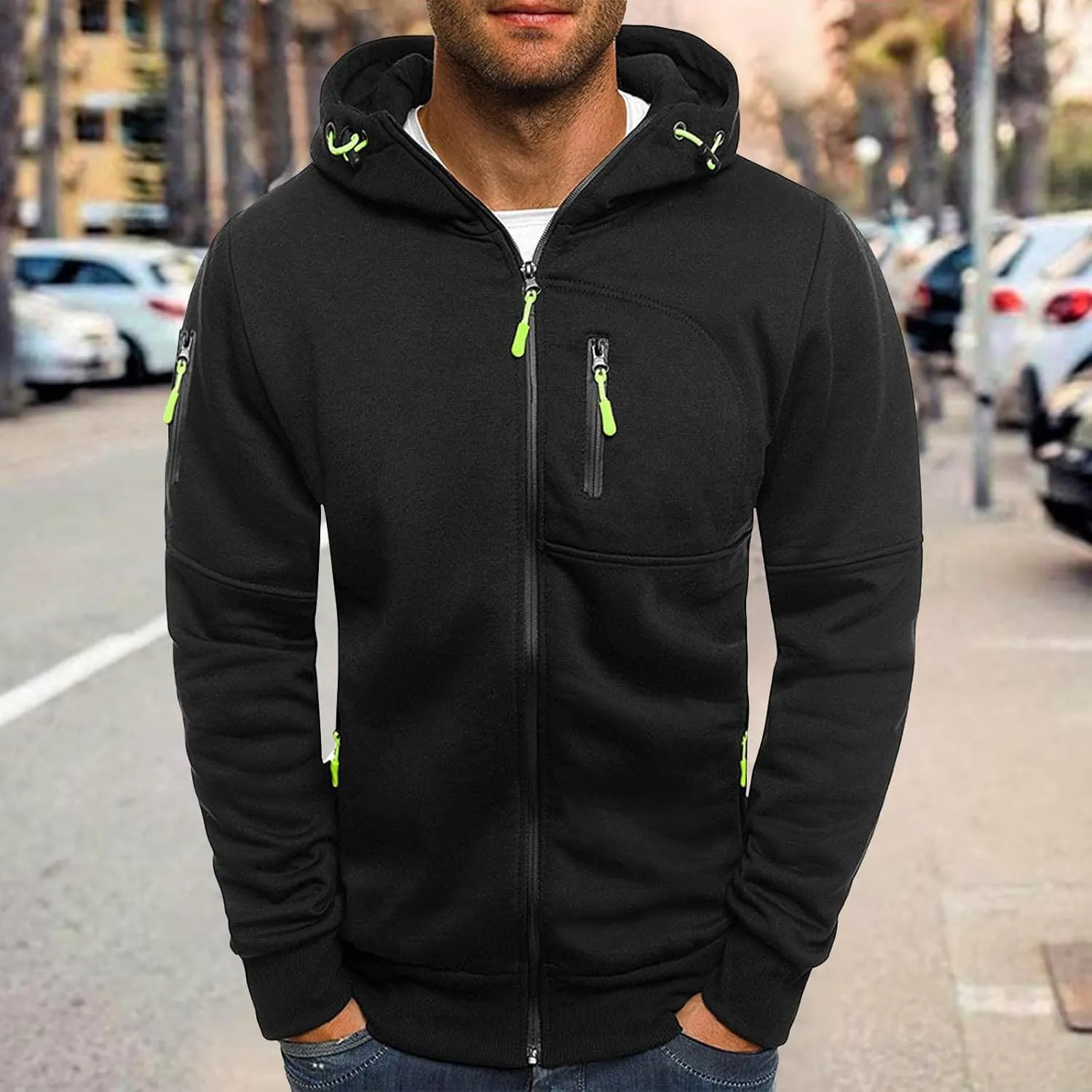 Mens Zip Up Hoodie Casual Long Sleeve Drawstring Hooded Sweatshirts Slim Fit Lightweight Gym Workout Athletic Jacket