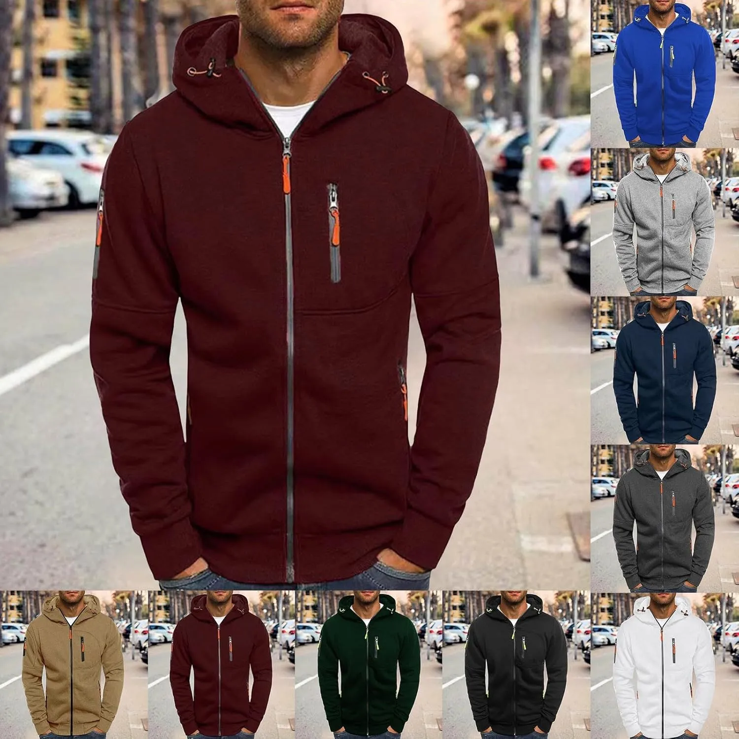 Mens Zip Up Hoodie Casual Long Sleeve Drawstring Hooded Sweatshirts Slim Fit Lightweight Gym Workout Athletic Jacket