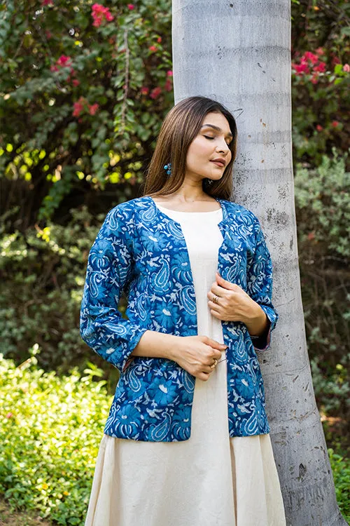 Moralfibre Mango Design Handblock Print  Indigo Jacket  With Colorful Lining