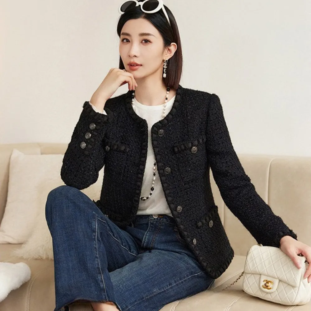 MV 100% Wool Black Tweed Chanel-Inspired Jacket