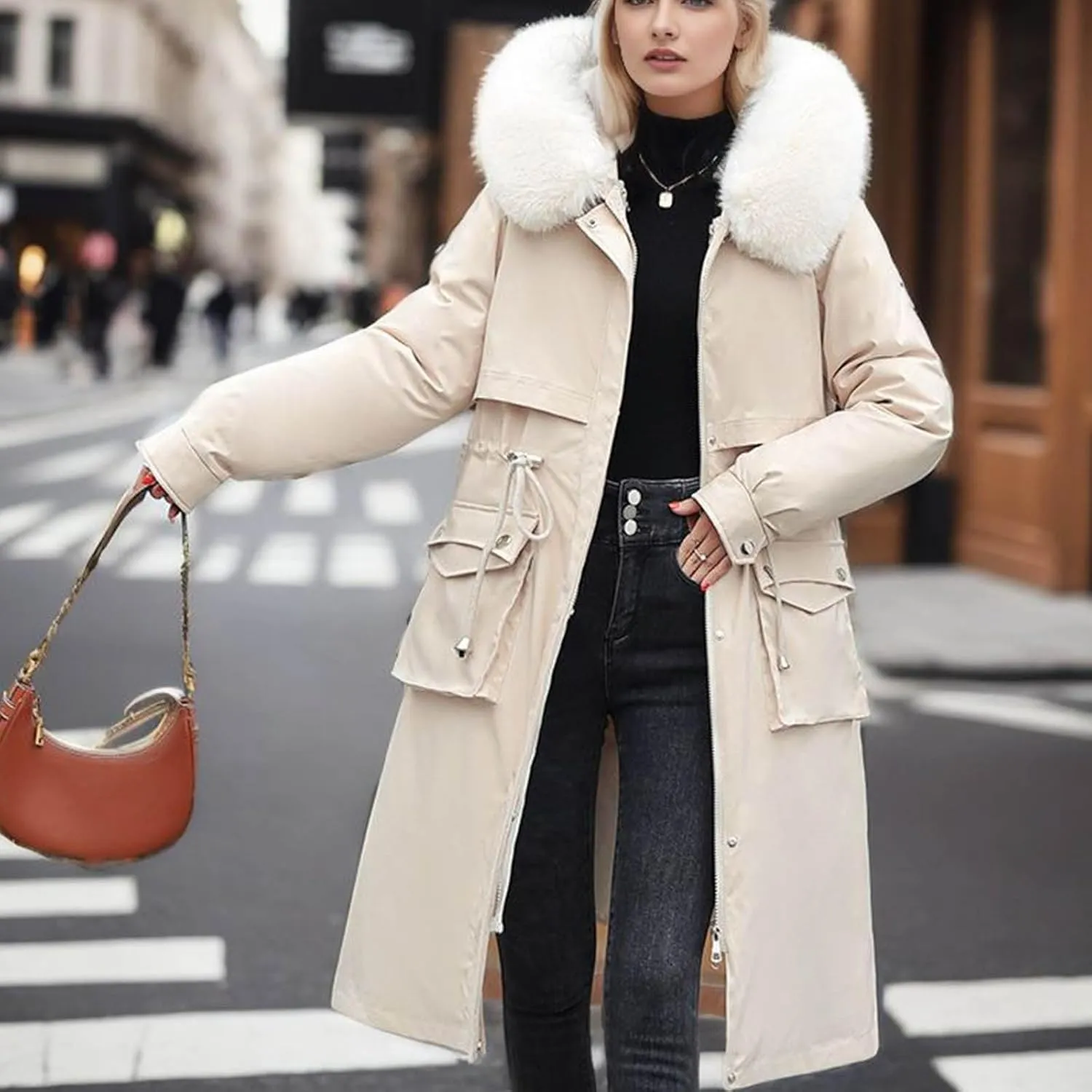 NATHGAM Women's Puffer Winter Warm Down Full Zip Up Long Sleeve Outdoor Thicken Mid Puffer Coat Warm Jacket with Faux Fur