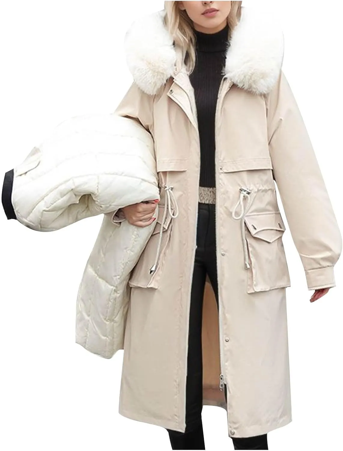 NATHGAM Women's Puffer Winter Warm Down Full Zip Up Long Sleeve Outdoor Thicken Mid Puffer Coat Warm Jacket with Faux Fur