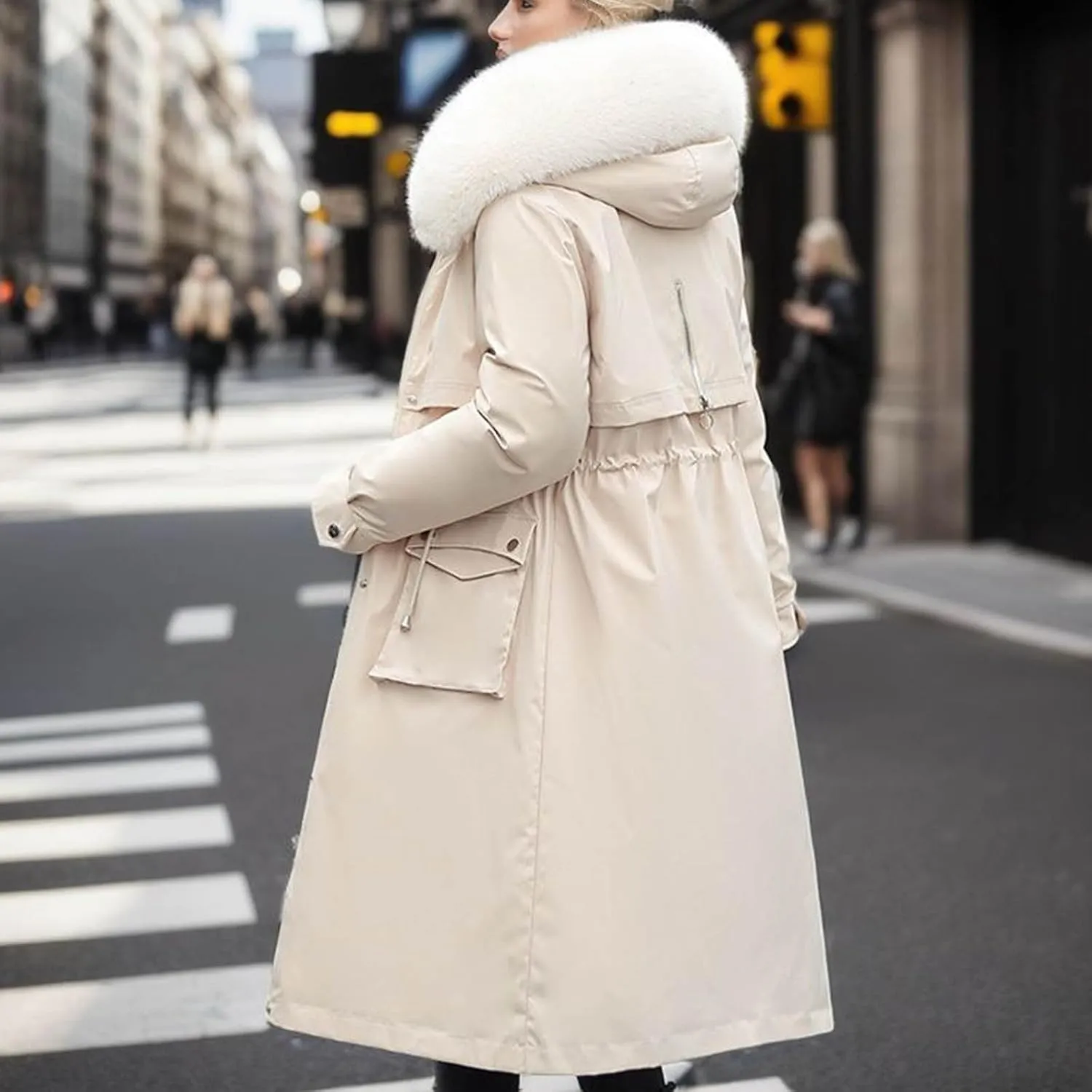NATHGAM Women's Puffer Winter Warm Down Full Zip Up Long Sleeve Outdoor Thicken Mid Puffer Coat Warm Jacket with Faux Fur