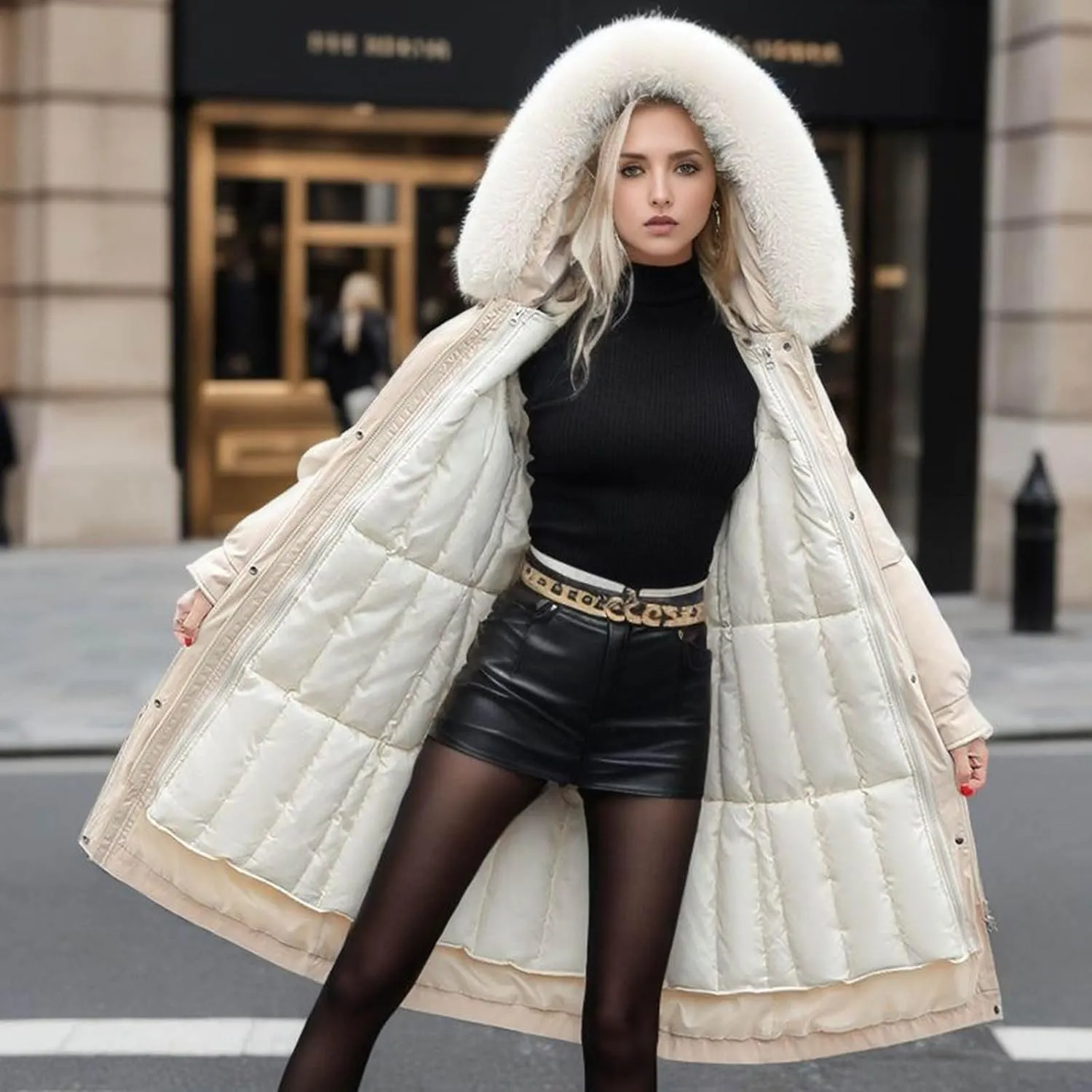 NATHGAM Women's Puffer Winter Warm Down Full Zip Up Long Sleeve Outdoor Thicken Mid Puffer Coat Warm Jacket with Faux Fur