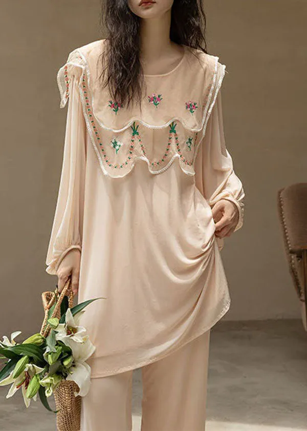 Natural Apricot O-Neck Embroideried Patchwork Ice Silk Pajamas Two Piece Spring LY2761
