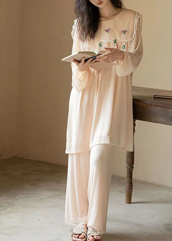 Natural Apricot O-Neck Embroideried Patchwork Ice Silk Pajamas Two Piece Spring LY2761