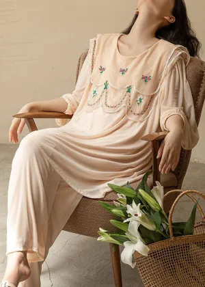 Natural Apricot O-Neck Embroideried Patchwork Ice Silk Pajamas Two Piece Spring LY2761