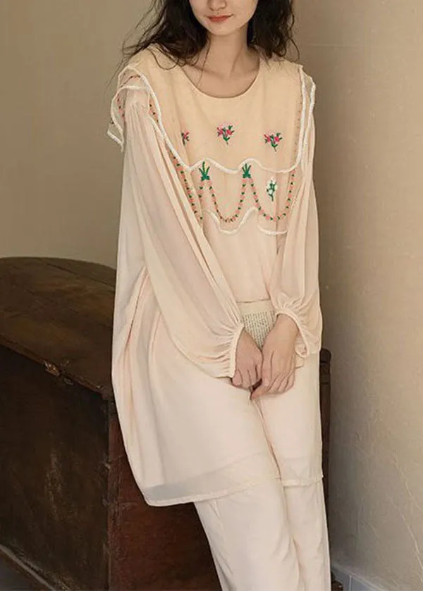 Natural Apricot O-Neck Embroideried Patchwork Ice Silk Pajamas Two Piece Spring LY2761