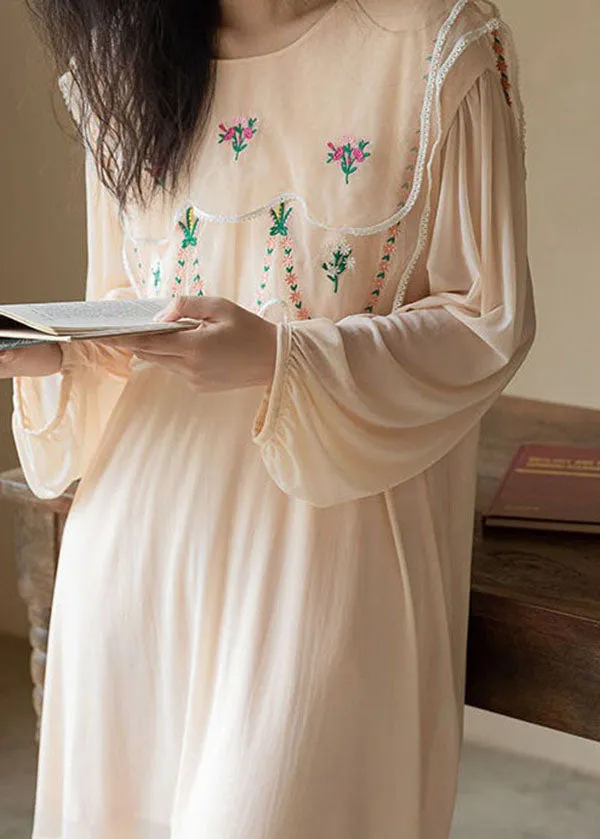 Natural Apricot O-Neck Embroideried Patchwork Ice Silk Pajamas Two Piece Spring LY2761