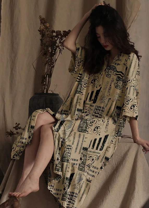 Natural Peter Pan Collar Print Ice Silk Long Dress Spring LY1864