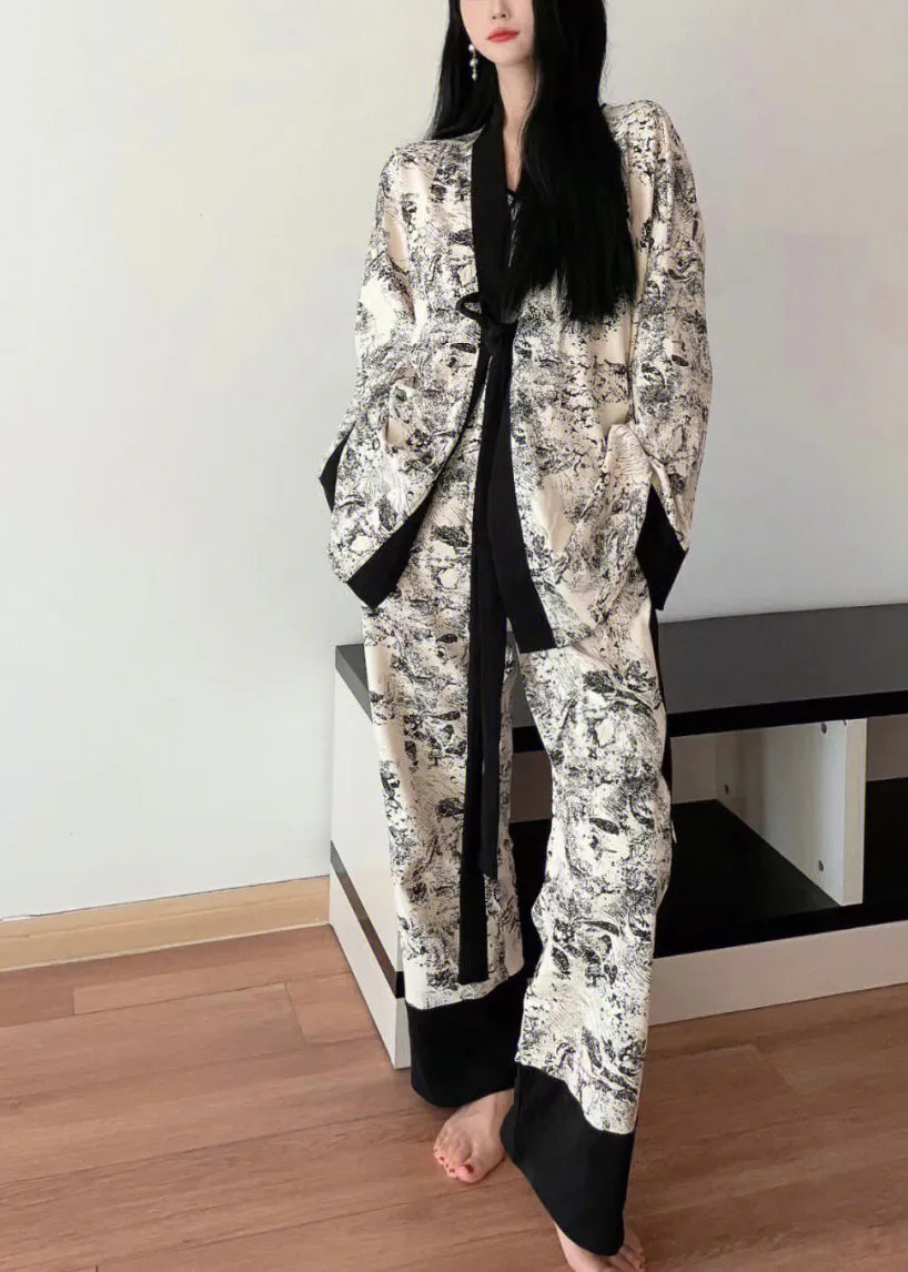 Natural V Neck Print Patchwork Ice Silk Pajamas Three Pieces Set Spring LY1874