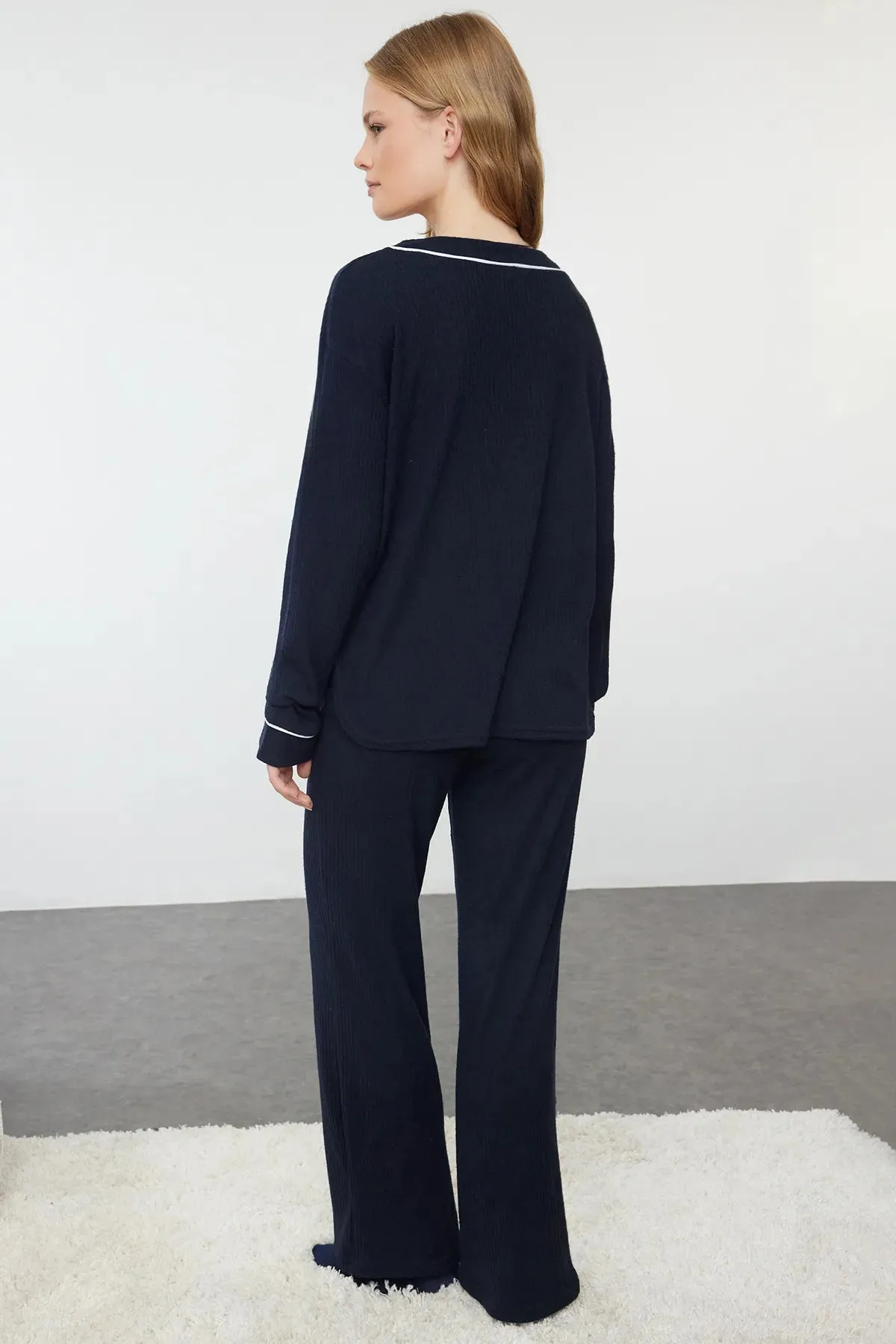 Navy Blue Piping Detailed Ribbed Knitted Pajama Set