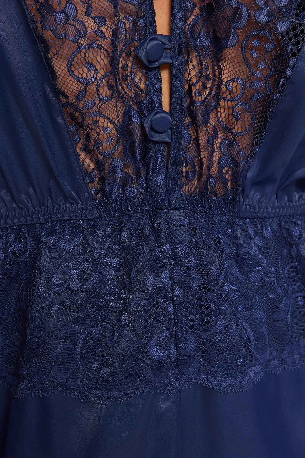 Navy Blue Satin Lace Detailed Fantasy Nightgown