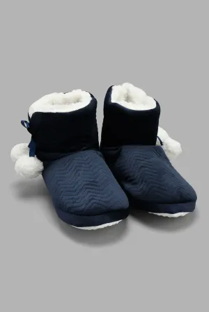 Navy Booty Slipper With Pom Pom
