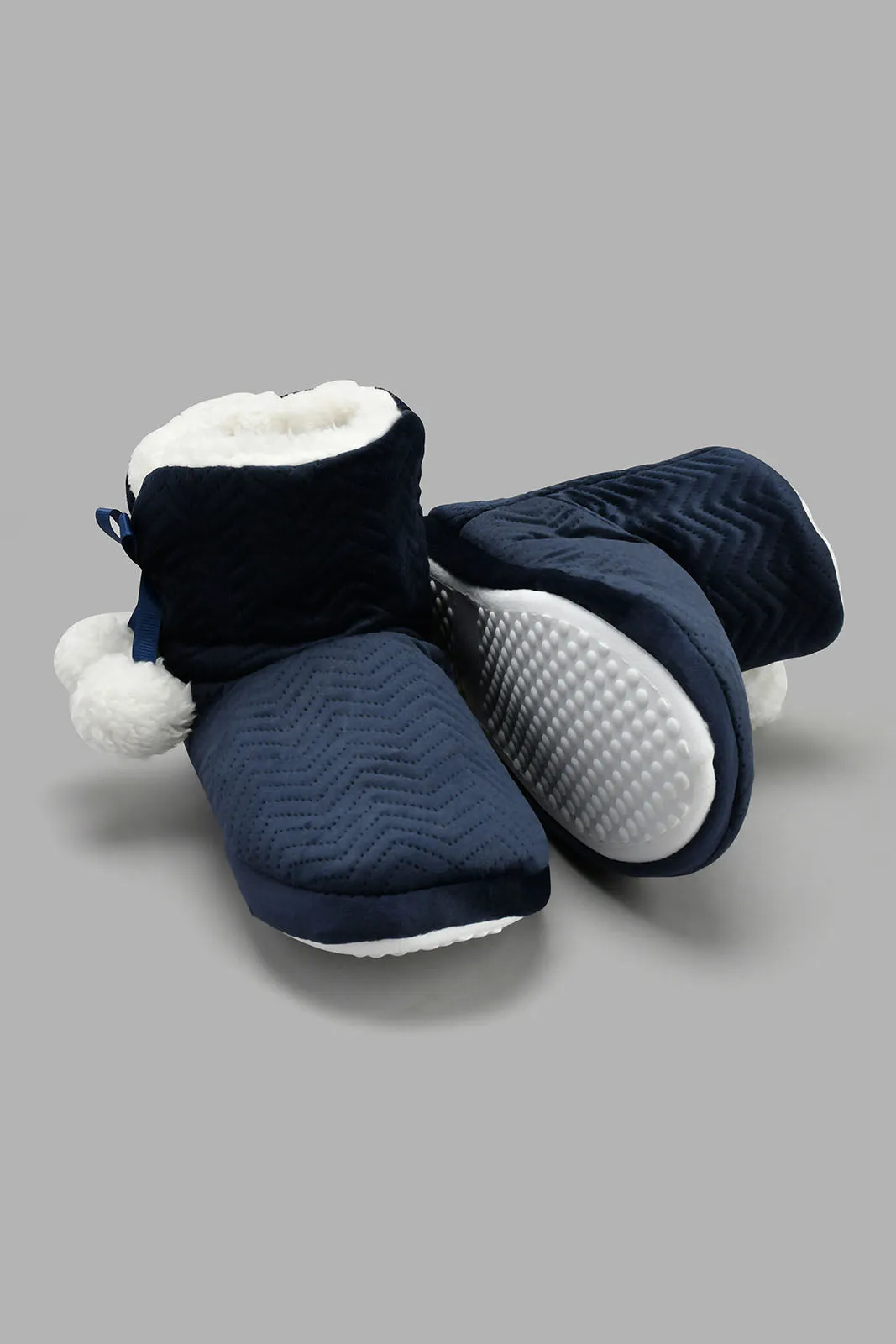 Navy Booty Slipper With Pom Pom