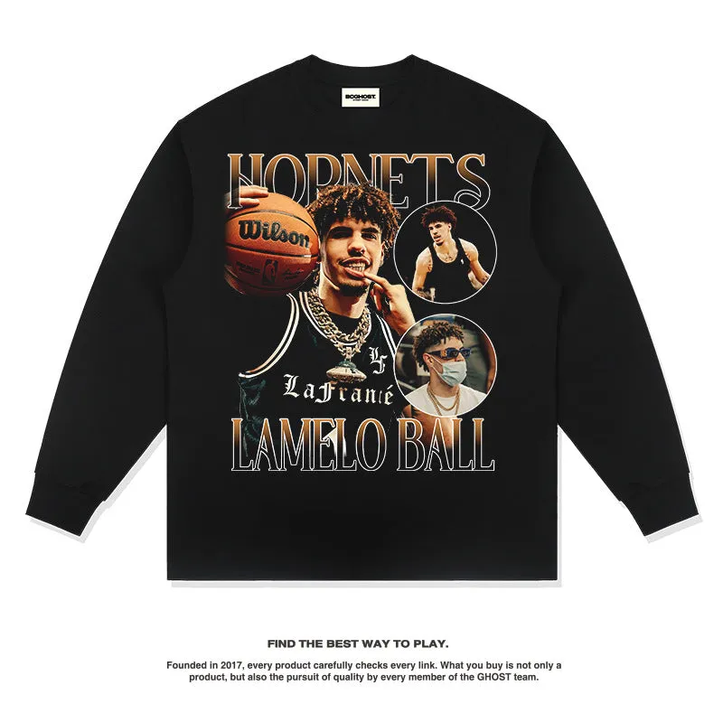Nba Long Sleeve Shirt Autumn and Winter Long Sleeve T-shirt Fall/Winter Washed-out Vintage