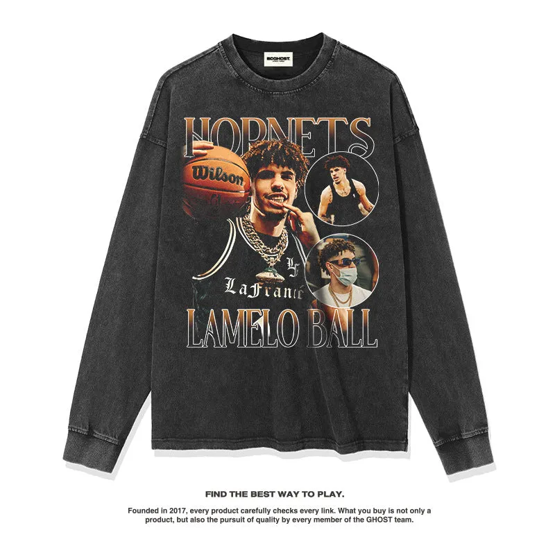 Nba Long Sleeve Shirt Autumn and Winter Long Sleeve T-shirt Fall/Winter Washed-out Vintage