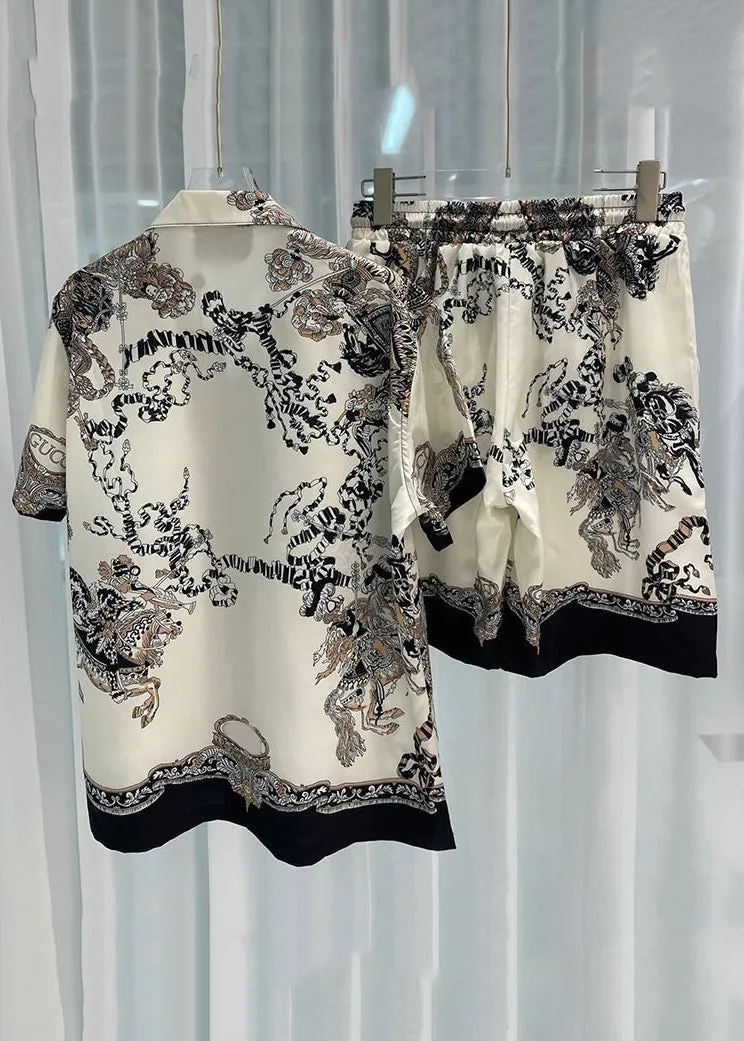 New Beige Print Elastic Waist Ice Silk Mens Two Piece Set Short Sleeve HG070