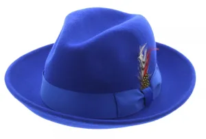NEW Men’s Royal Blue Wool Crushable Hat Satin Band/Lining Round Brim Bow & Feather