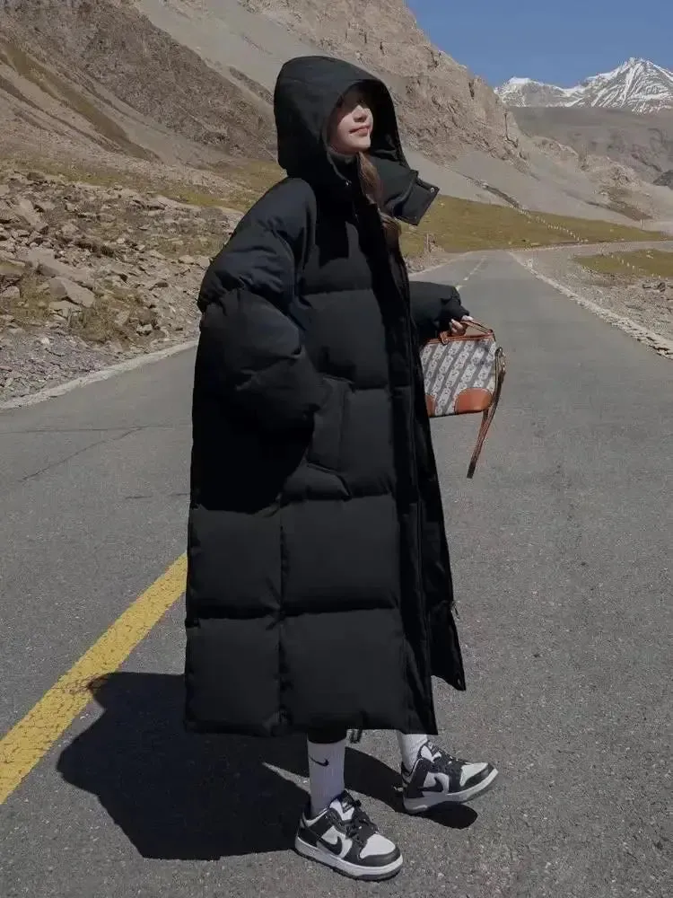 New Winter 2024 Women's Long Jacket Jacket Thickened Korean Loose Stylish Windproof Warm Hooded Down Cotton Jacket Coat