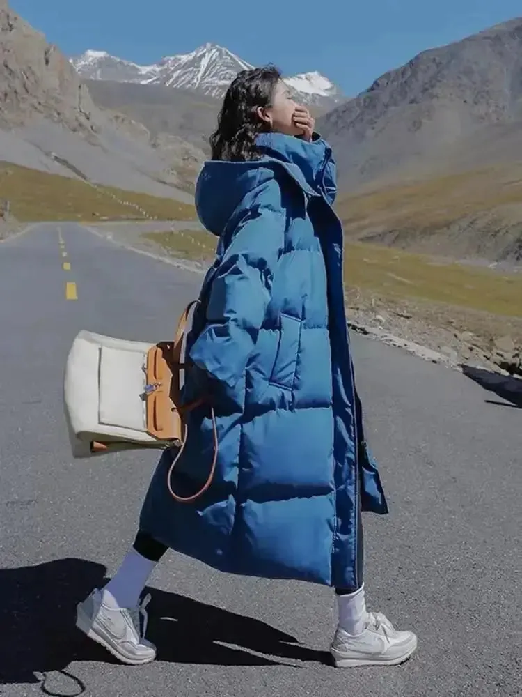 New Winter 2024 Women's Long Jacket Jacket Thickened Korean Loose Stylish Windproof Warm Hooded Down Cotton Jacket Coat