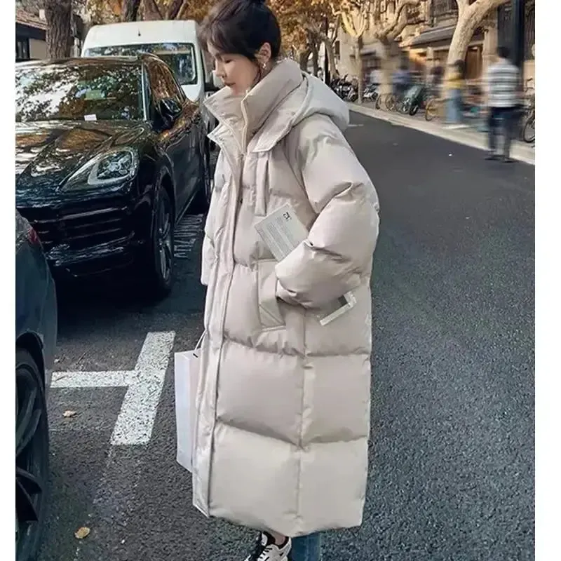 New Winter 2024 Women's Long Jacket Jacket Thickened Korean Loose Stylish Windproof Warm Hooded Down Cotton Jacket Coat