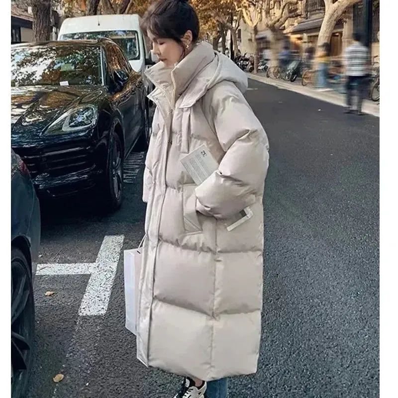 New Winter 2024 Women's Long Jacket Jacket Thickened Korean Loose Stylish Windproof Warm Hooded Down Cotton Jacket Coat