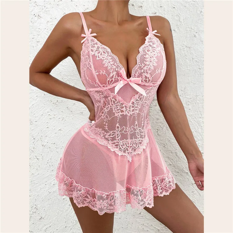 Night Robe Sexy Flower Lace Doll Pajamas Thong Lingerie Pajamas