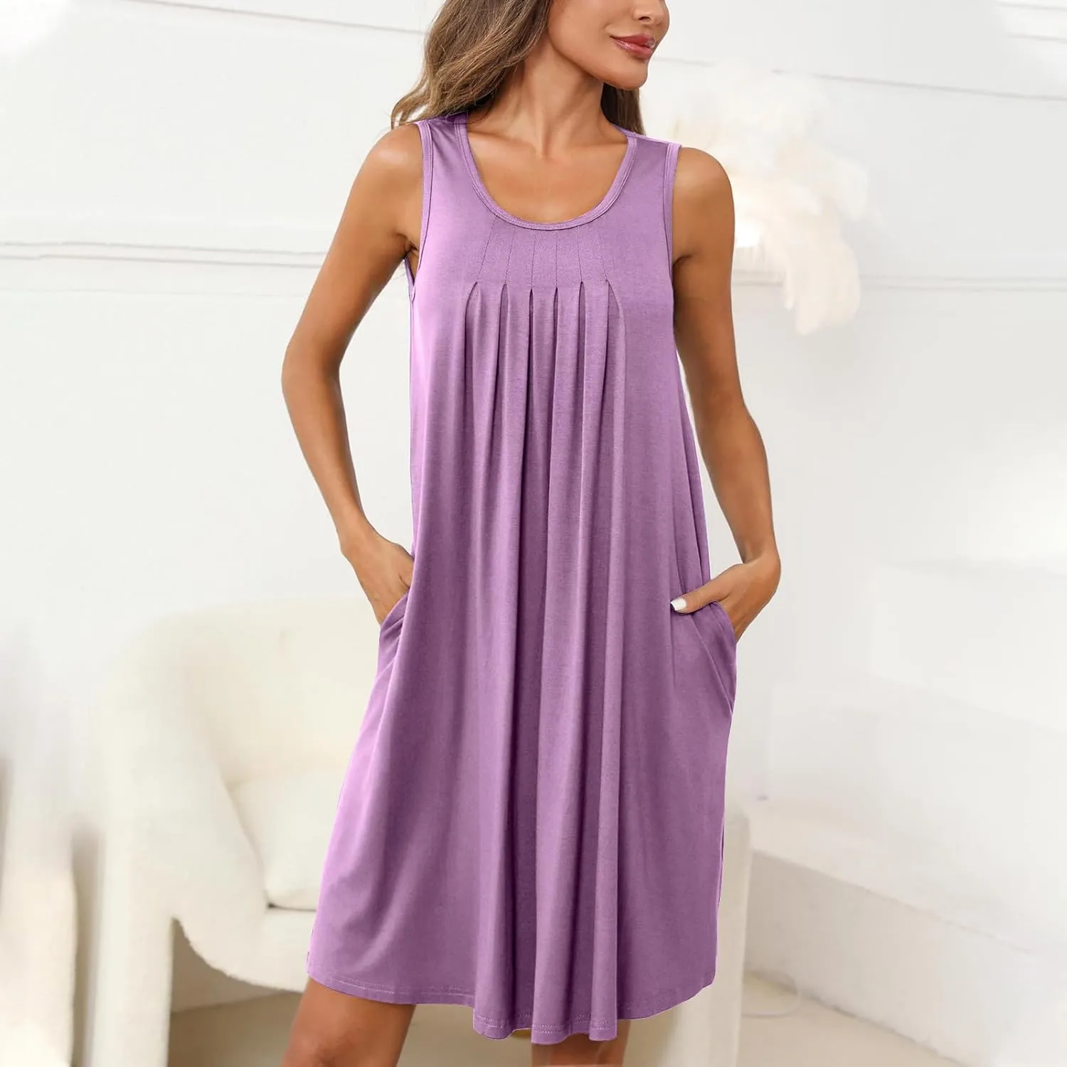 Nightgowns for Women Pleated Sleeveless Sleepwear Loose Crewneck Tank Soft Nightshirt Summer Sleep Dress with Pockets