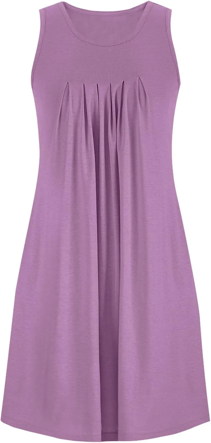Nightgowns for Women Pleated Sleeveless Sleepwear Loose Crewneck Tank Soft Nightshirt Summer Sleep Dress with Pockets