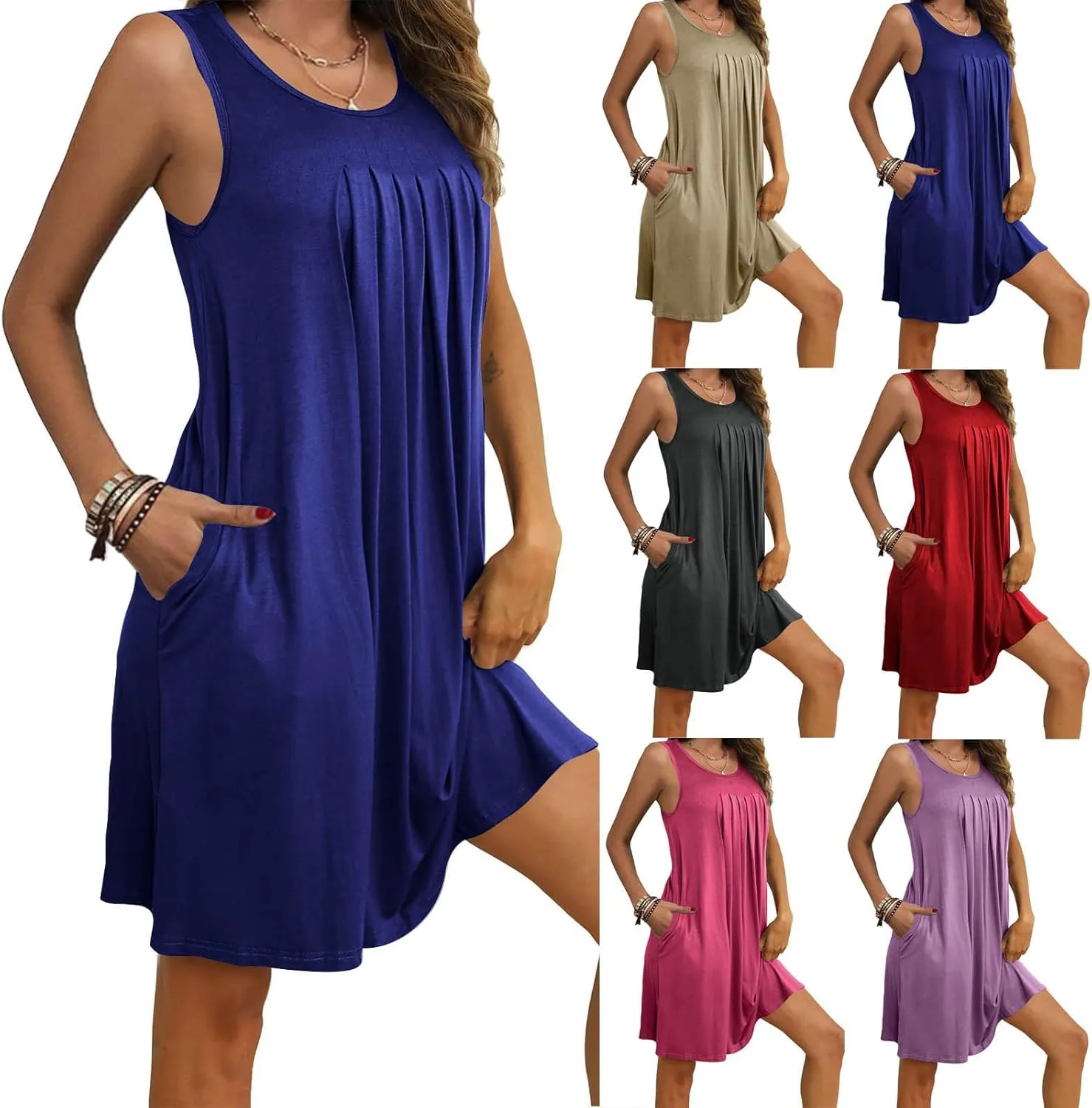Nightgowns for Women Pleated Sleeveless Sleepwear Loose Crewneck Tank Soft Nightshirt Summer Sleep Dress with Pockets