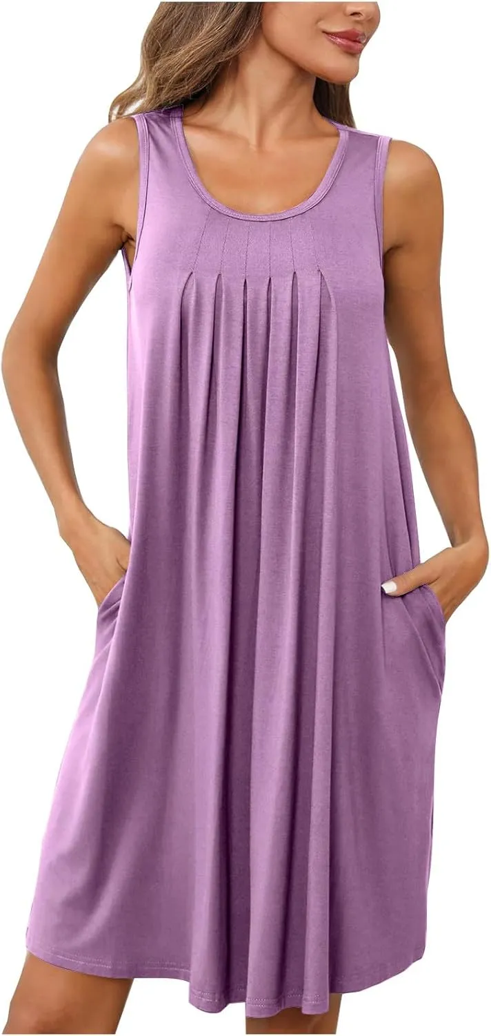 Nightgowns for Women Pleated Sleeveless Sleepwear Loose Crewneck Tank Soft Nightshirt Summer Sleep Dress with Pockets